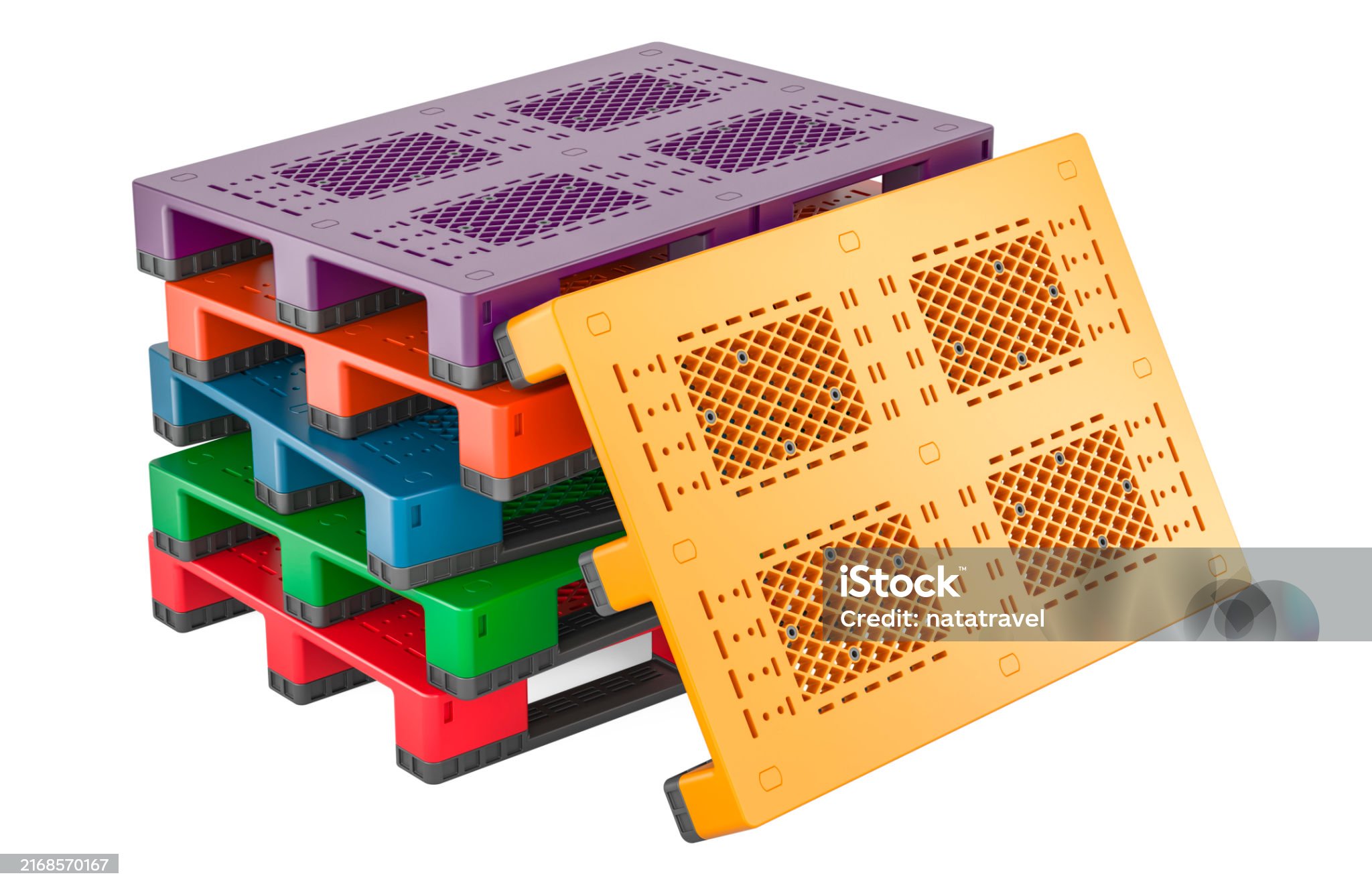 Colored Plastic Pallets, 3D rendering isolated on white background